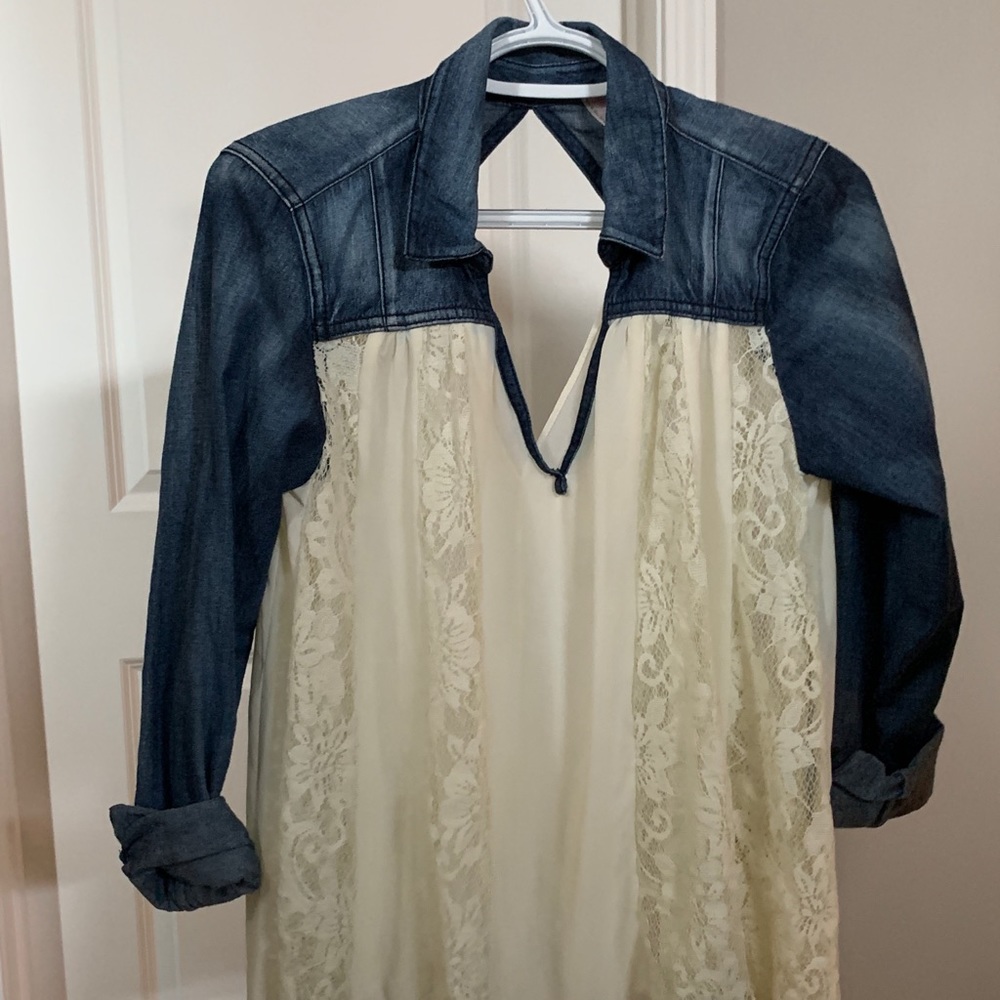 Free People Denim and Lace Top